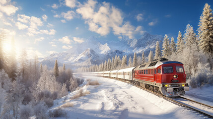 A passenger train is moving on snow-covered rails