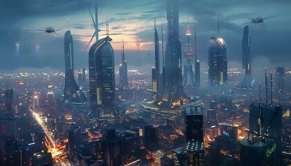 Obraz premium Futuristic City at Dusk with Smart LED Lights and Electric Vehicles