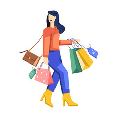 Shopping girl walking with handbags, flat illustration 

