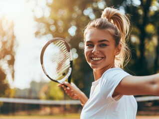 Young woman tennis player smiling, playing match in summer park   nikon d850 dslr shot