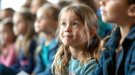 Fototapeta premium A young girl listens intently during a classroom lesson, surrounded by her classmates