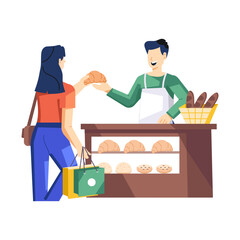 A flat character illustration of woman buying bread 

