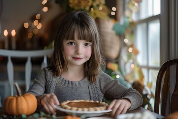 little girl sitting at table next to Thanksgiving pie