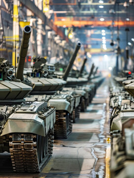 A row of tanks are lined up in a factory