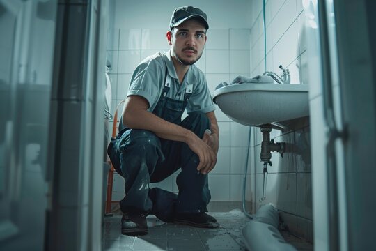 Professional plumber repairing white pipes in bathroom   home maintenance service shot