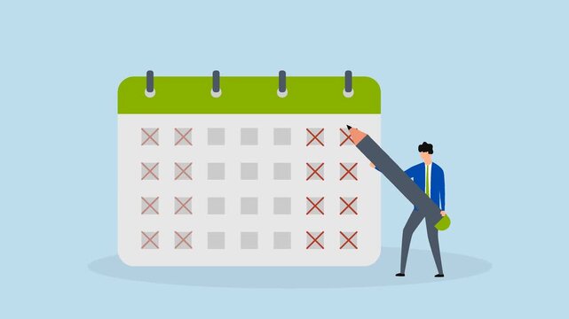 4 day work week, 4k animation of business manager scheduled vacation to work 4 day work week at the company.