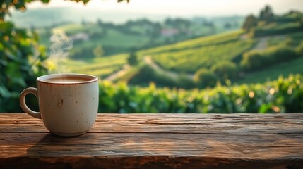 Coffee Mug on Wooden Table Overlooking Green Hills, Rustic and Serene, Perfect for Relaxation and Morning Scenes