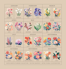 Birth month flowers collection. Birth flowers vintage floral illustrations, retro flower market poster. Silkscreen printing retro groovy trippy psychedelic poster art. Simple minimal 1960's bright..