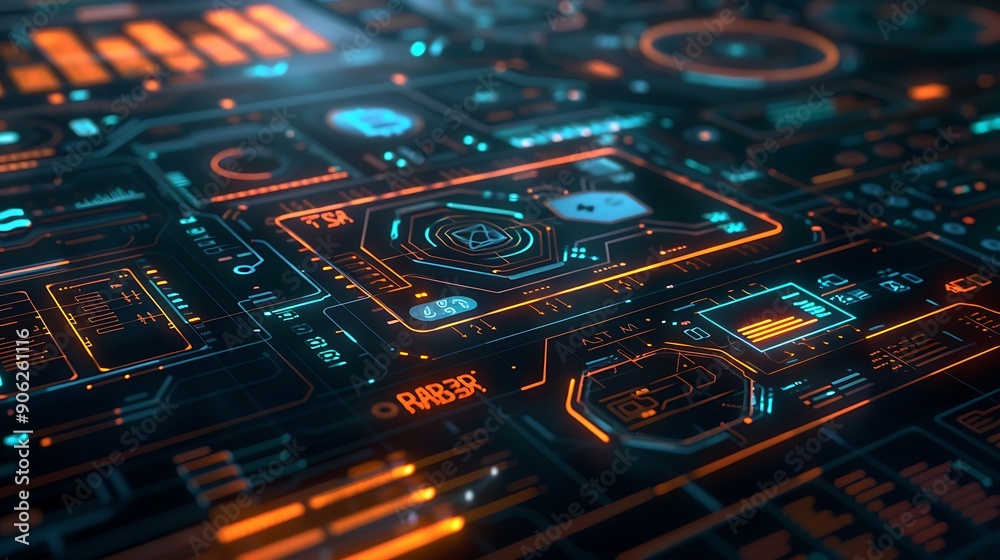 Poster futuristic digital interface with blockchain icons and real-time transaction data