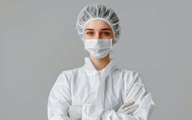 A European researcher in protective clothing and mask stands with arms crossed, focused on conducting medical research