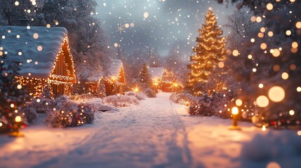 Fototapeta premium Christmas background, winter wonderland, outdoor snow scenery, soft and dreamy night lights, snowflakes, flickering lights, trees and decorations, capturing the festive and magical seasonal atmosphere