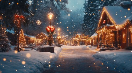 Obraz premium Christmas background, winter wonderland, outdoor snow scenery, soft and dreamy night lights, snowflakes, flickering lights, trees and decorations, capturing the festive and magical seasonal atmosphere