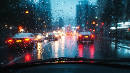 Obraz premium In the rainstorm, when looking out from the window, there are fuzzy lights and city lights. The window is covered with raindrops, and the sky is dark, capturing the scene of a stormy night in the city