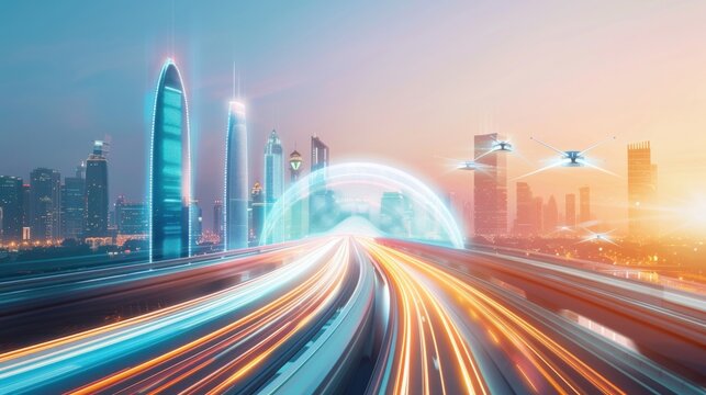 Futuristic tech hub Sleek, modern buildings with holographic advertisements and autonomous drones flying overhead, set against a backdrop of advanced transportation systems.