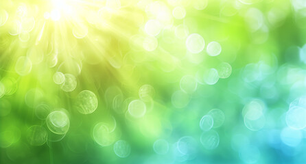 Obraz premium Blurred background with blue, white and light green gradient. Abstract blurred nature landscape with sun beams.