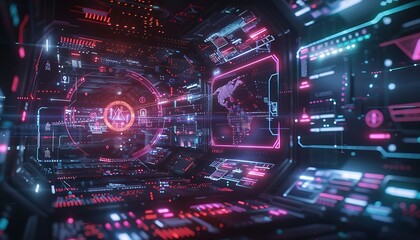 Cyberpunk Digital Interface with Blockchain Icons and Encrypted Data Streams