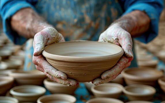 A person carefully holds a handcrafted pottery bowl, showcasing their artistic skill in a vibrant workshop filled with various clay pieces