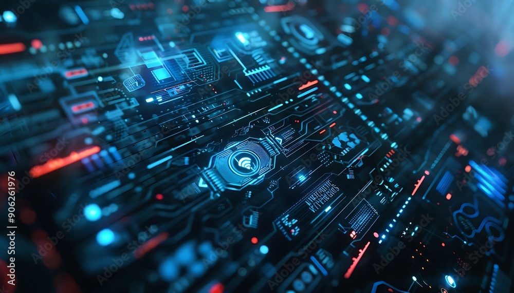 Poster cyberpunk digital interface with blockchain icons and encrypted data streams