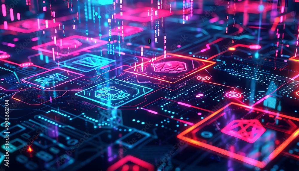 Poster holographic blockchain interface with smart contract symbols and secure transaction visuals