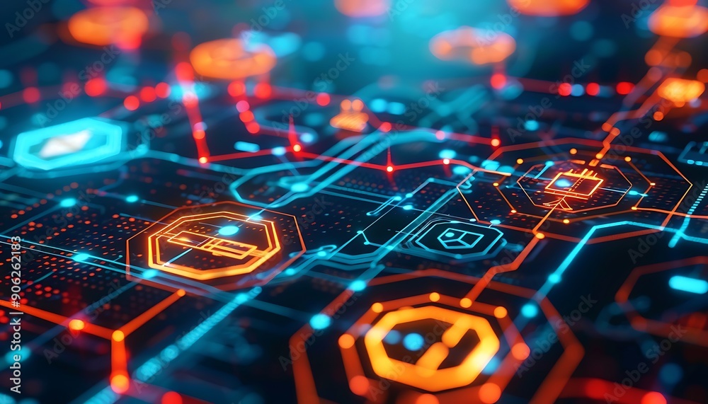 Poster holographic blockchain interface with smart contract symbols and secure transaction visuals