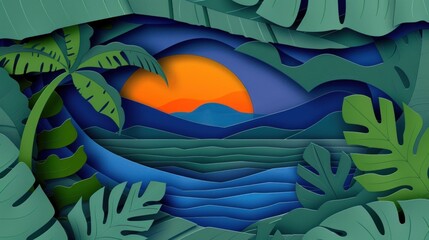 Obraz premium Tropical Sunset Through Papercut Layers