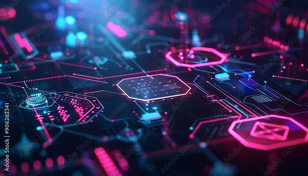 Poster holographic blockchain interface with smart contract symbols and secure transaction visuals
