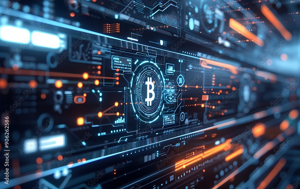 Poster high-tech blockchain interface with encrypted transaction visuals on holographic screens