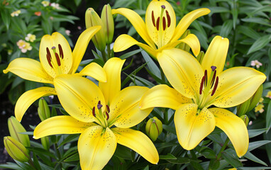Fototapeta premium A beautiful bouquet of yellow lilies in a vase adds a cheerful touch to the room, showcasing their vibrant colors and elegant design