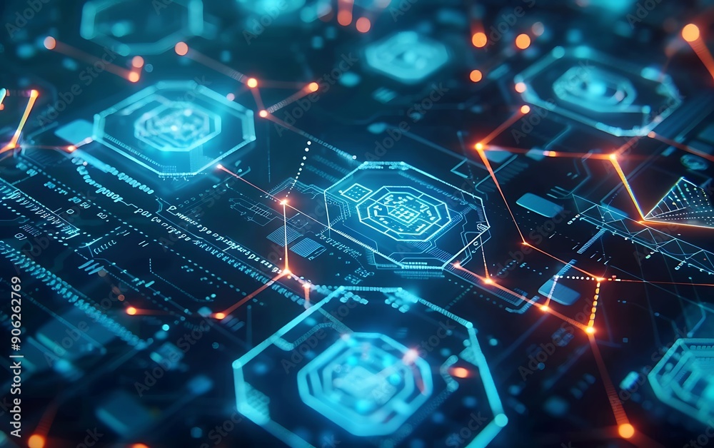 Poster high-tech blockchain interface with encrypted transaction visuals on holographic screens