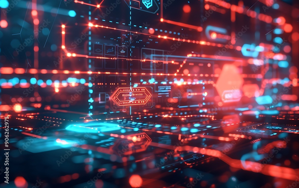 Poster digital interface showcasing blockchain icons, secure transaction paths, and virtual asset managemen