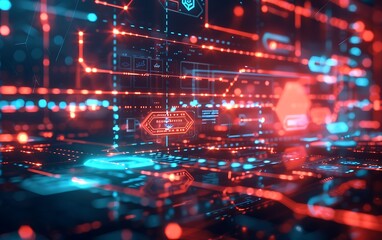 digital interface showcasing blockchain icons, secure transaction paths, and virtual asset management. Modern design with neon accents, sleek and professional look, hd quality, natural look