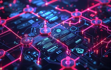 digital interface showcasing blockchain icons, secure transaction paths, and virtual asset management. Modern design with neon accents, sleek and professional look, hd quality, natural look