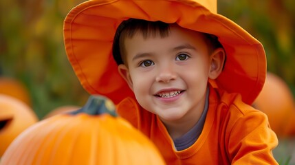 A young boy wearing an orange hat and orange shirt is smiling and holding a pumpkin. The scene is set in a field with many pumpkins scattered around