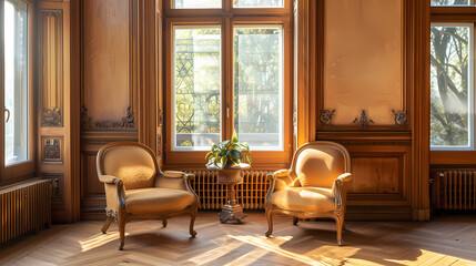 Two plush armchairs sit in a sunlit room with large windows, wooden walls, and a decorative tiled floor. The warm light casts a golden glow on the space, creating a cozy and inviting atmosphere.
