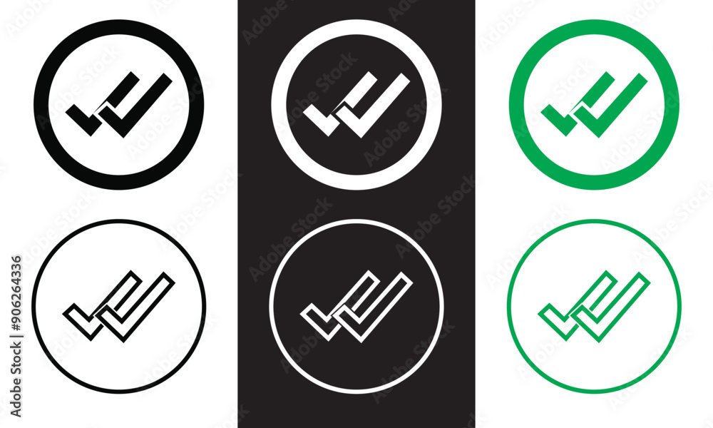 Wall mural double checking icon. green, black and white double tick, check mark. flat done sticker icon isolate