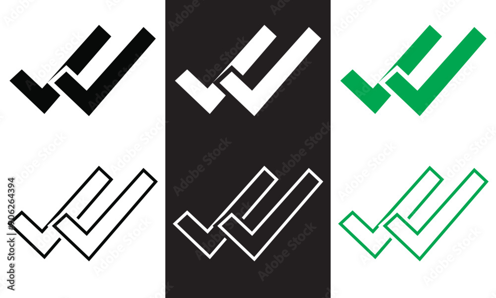 Wall mural double checking icon. green, black and white double tick, check mark. flat done sticker icon isolate