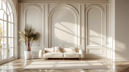 A modern living room with a large white sofa, a potted plant, and a large window with arched windows. The room is decorated in a neutral color scheme with white walls and a white rug. The sun is shini
