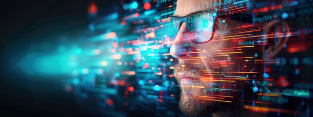 Man, double exposure, advanced encryption methods, dark background, holographic display