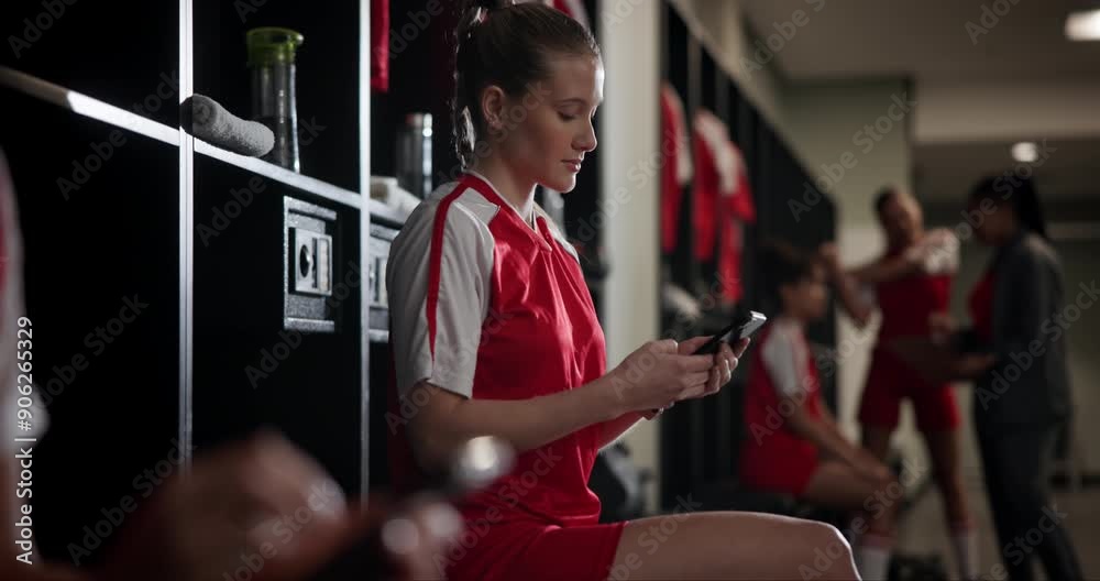 Poster woman, online and athlete with cellphone, soccer and communication with contact for match in locker 
