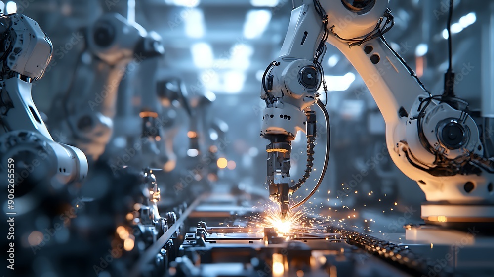 Aufkleber close-up of factory assembly line with robotic arms welding parts