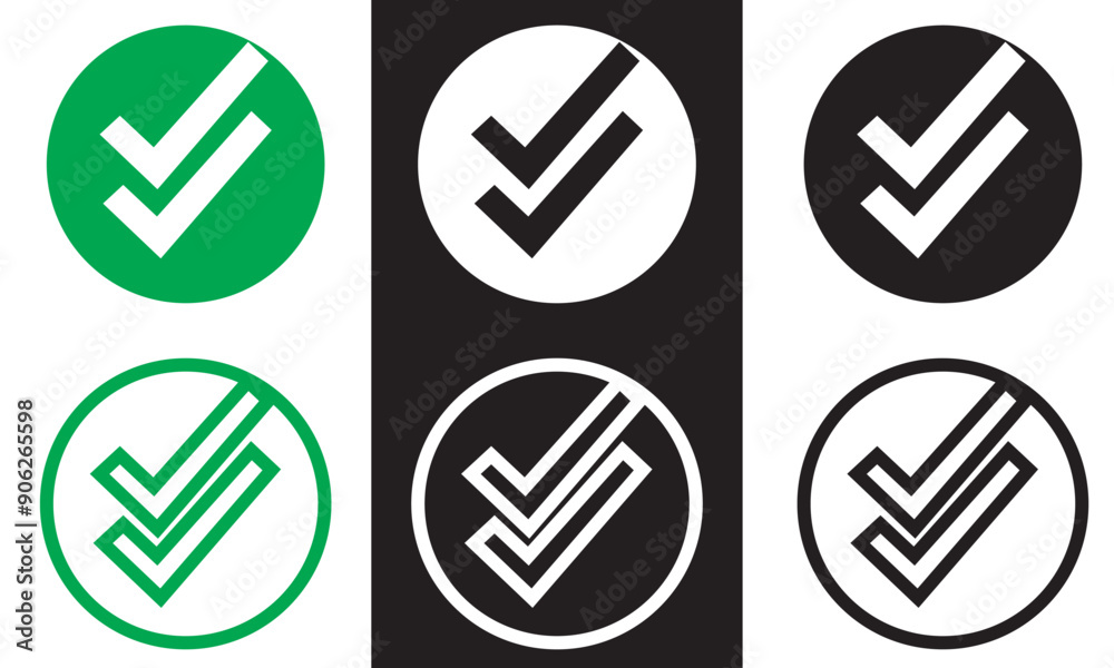Wall mural double checking icon. green, black and white double tick, check mark. flat done sticker icon isolate