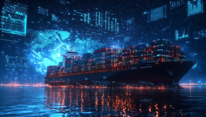 futuristic cargo ship with containers on the ocean surface, digital holographic floating data screens around
