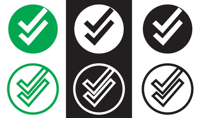Double checking icon. Green, black and white double tick, check mark. Flat done sticker icon isolated on white and black. Accept button. Good for web and software interfaces. EPS 10