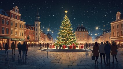 Obraz premium Beautiful Christmas tree on town square. Cartoon style. Festive and celebration concept