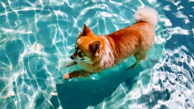 Corgi dog swimming in pool with tennis ball, summer pet fun activity