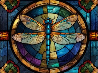 Obraz premium Stained glass vector image of dragonfly. AI generated.
