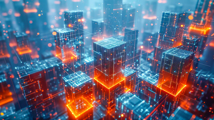 Blockchain technology concept showing futuristic server room connecting data blocks