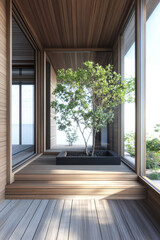 Relaxing oriental inspired interiors composition with beige wall panels, minimal furniture and contrasting lighting. Contemporary Real Estate composition.