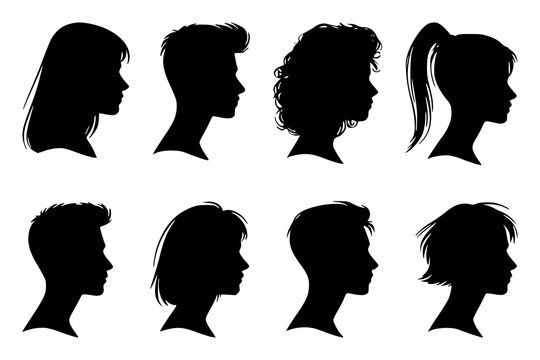 Collection of silhouette profile heads, including both male and female faces. Ideal for anonymous portraits, icons, and versatile vector design uses.