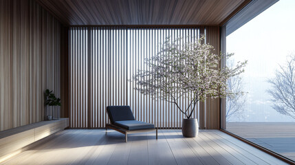 Relaxing oriental inspired interiors composition with beige wall panels, minimal furniture and contrasting lighting. Contemporary Real Estate composition.